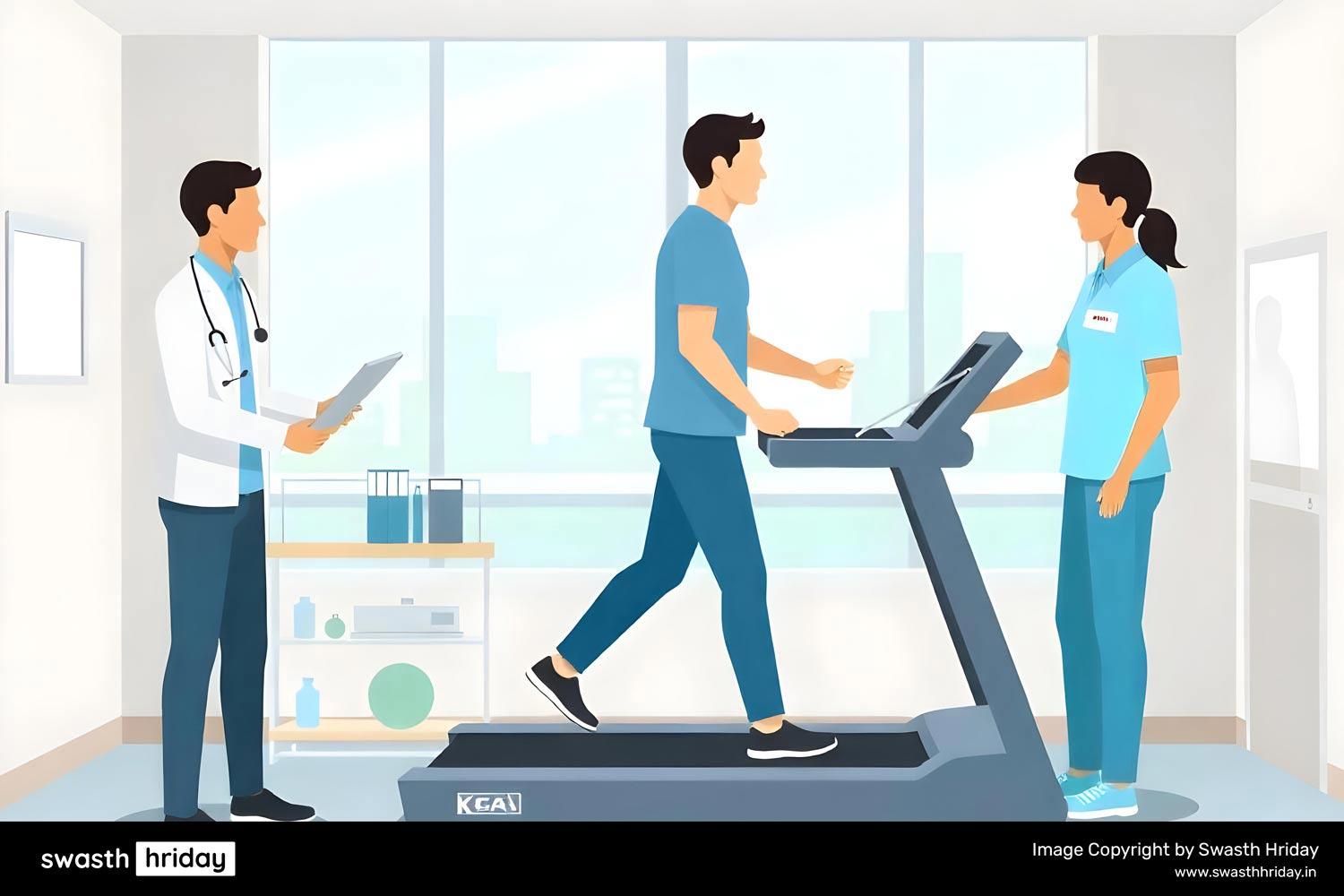 Diagram showing a patient walking on a treadmill, supervised by medical staff during a cardiac rehab session.